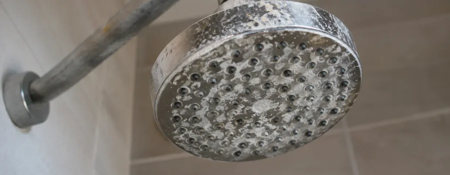 Acqua dura e capelli: soffione della doccia con residui di calcare, acqua ricca di minerali, calcio e magnesio che possono depositarsi sulla fibra capillare e influire su capelli secchi, ruvidi e opachi.