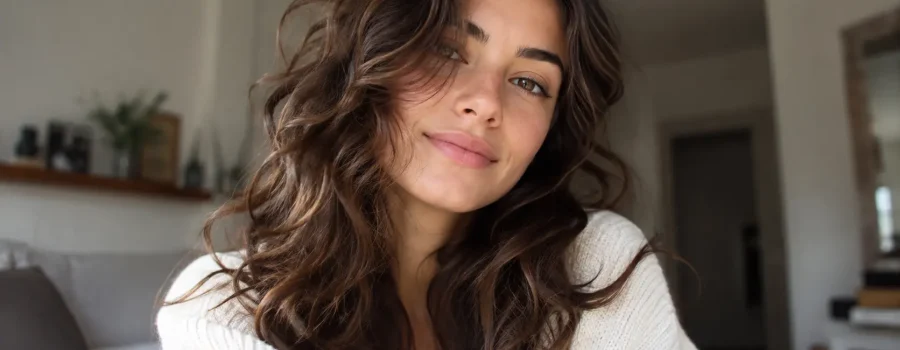 Capelli mossi naturali di una donna, onde morbide e definite: routine per capelli mossi, definizione delle onde, styling anticrespo, cura delle lunghezze e prodotti per capelli mossi.