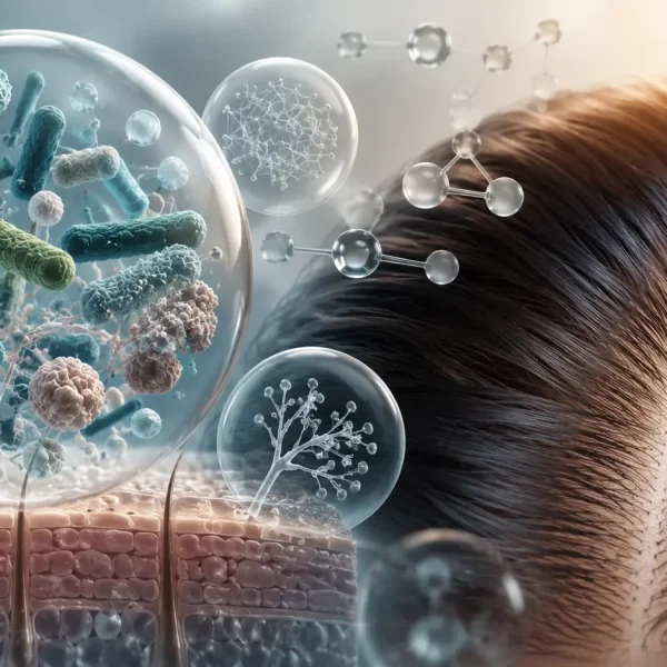 Scalp microbiome illustrato con primo piano del cuoio capelluto sano, capelli lucidi, batteri benefici e microrganismi in evidenza, rappresentazione scientifica dell'equilibrio del microbioma cutaneo e della salute del cuoio capelluto.