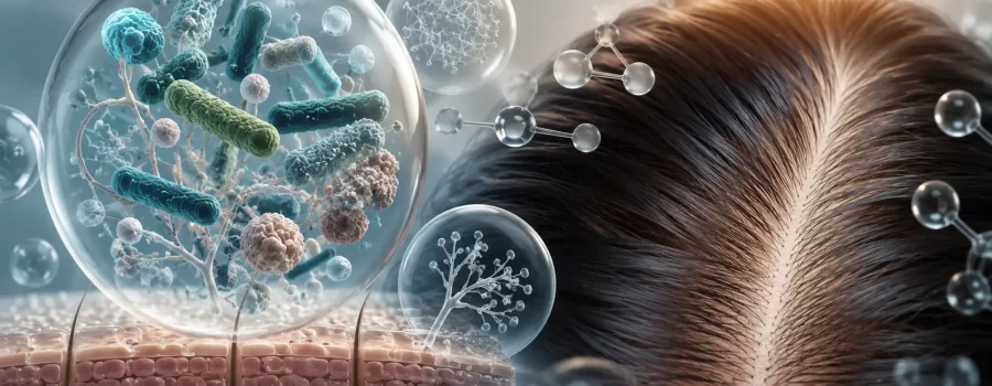 Scalp microbiome illustrato con primo piano del cuoio capelluto sano, capelli lucidi, batteri benefici e microrganismi in evidenza, rappresentazione scientifica dell'equilibrio del microbioma cutaneo e della salute del cuoio capelluto.