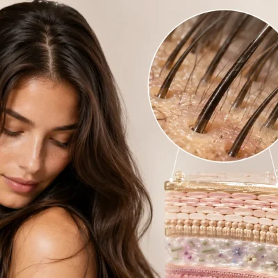 Donna con capelli sani e dettaglio ravvicinato del cuoio capelluto che illustra la barriera cutanea, il film idrolipidico, il microbioma e la struttura della pelle in un banner scientifico dedicato alla salute del cuoio capelluto.