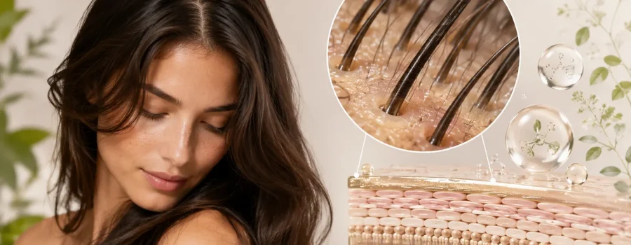 Donna con capelli sani e dettaglio ravvicinato del cuoio capelluto che illustra la barriera cutanea, il film idrolipidico, il microbioma e la struttura della pelle in un banner scientifico dedicato alla salute del cuoio capelluto.