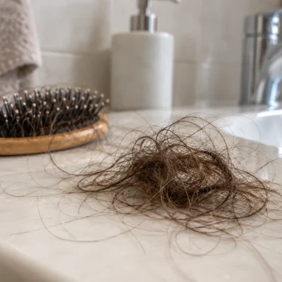 Ciocca di capelli persi sul lavabo del bagno durante il cambio di stagione, un fenomeno che può essere associato alla caduta stagionale dei capelli in autunno.