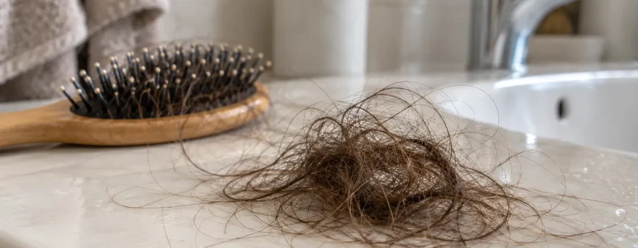 Ciocca di capelli persi sul lavabo del bagno durante il cambio di stagione, un fenomeno che può essere associato alla caduta stagionale dei capelli in autunno.