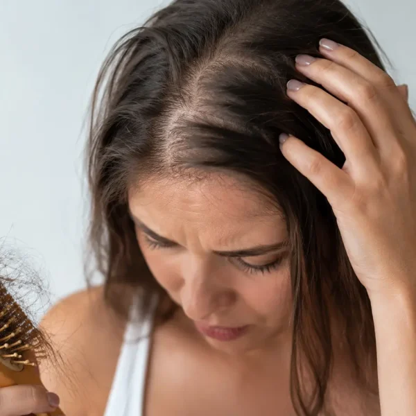 Donna preoccupata per la caduta capelli in estate mentre controlla la cute e i capelli rimasti sulla spazzola dopo la pettinatura.