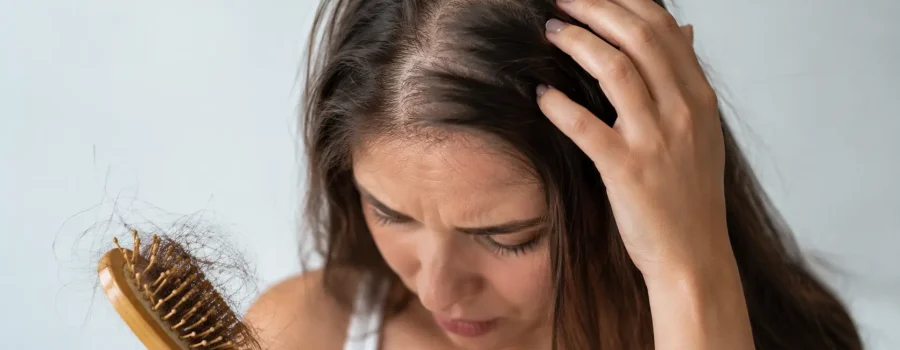 Donna preoccupata per la caduta capelli in estate mentre controlla la cute e i capelli rimasti sulla spazzola dopo la pettinatura.
