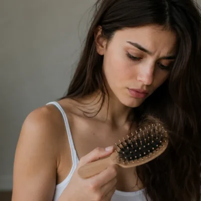 Donna con capelli lunghi castani che osserva i capelli rimasti sulla spazzola, immagine dedicata alla caduta dei capelli dopo una dieta e al rapporto tra alimentazione, perdita di peso, carenze nutrizionali, ciclo del capello, salute del follicolo pilifero, ferro, vitamina D, zinco, proteine e benessere dei capelli.