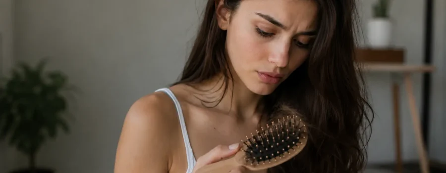 Donna con capelli lunghi castani che osserva i capelli rimasti sulla spazzola, immagine dedicata alla caduta dei capelli dopo una dieta e al rapporto tra alimentazione, perdita di peso, carenze nutrizionali, ciclo del capello, salute del follicolo pilifero, ferro, vitamina D, zinco, proteine e benessere dei capelli.