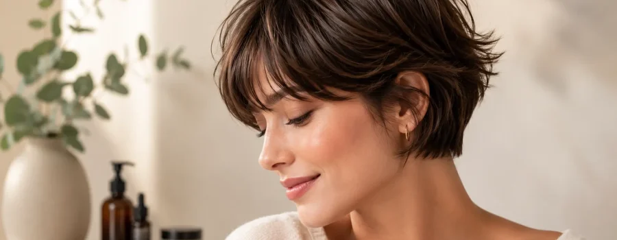 Donna con capelli corti castani in ambiente luminoso e naturale, ritratto beauty che evidenzia una chioma sana e curata, ideale per articolo sui capelli che non crescono.