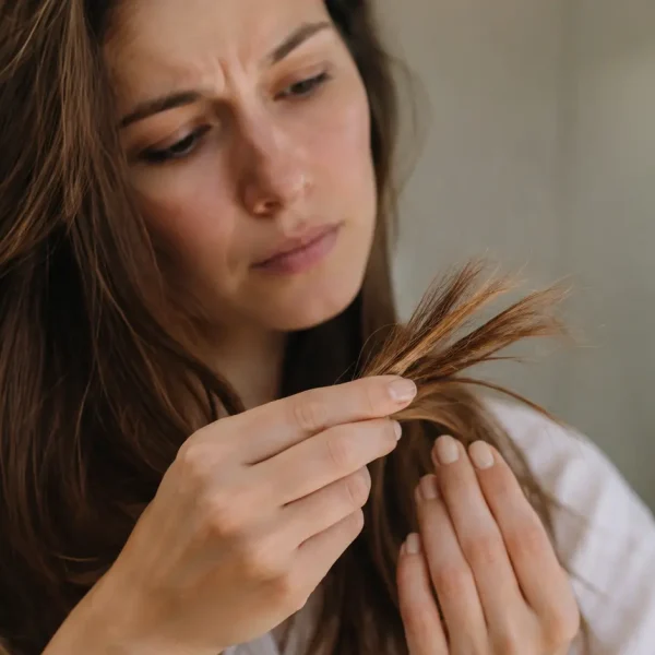 Donna con capelli lunghi e castani che osserva le punte fragili e sfibrate tra le dita, capelli che si spezzano sulle lunghezze, capelli secchi e danneggiati, punte secche, doppie punte, capelli fragili, rottura dei capelli, cura delle lunghezze, protezione dei capelli, haircare, routine per capelli secchi, trattamento capelli danneggiati, cura delle punte, capelli lunghi e fragili.