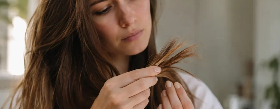 Donna con capelli lunghi e castani che osserva le punte fragili e sfibrate tra le dita, capelli che si spezzano sulle lunghezze, capelli secchi e danneggiati, punte secche, doppie punte, capelli fragili, rottura dei capelli, cura delle lunghezze, protezione dei capelli, haircare, routine per capelli secchi, trattamento capelli danneggiati, cura delle punte, capelli lunghi e fragili.