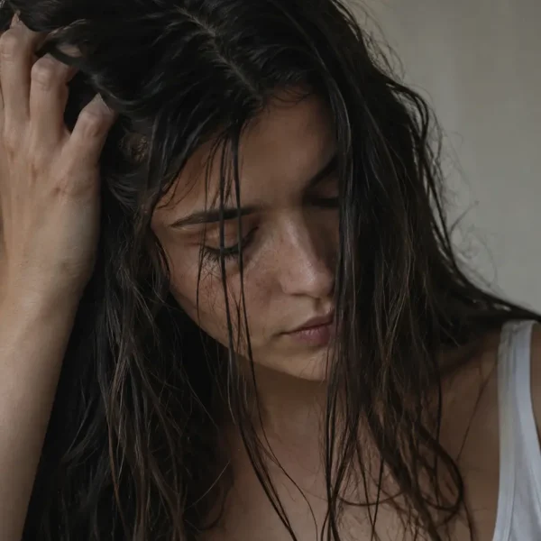 Donna con capelli grassi e cute lucida, immagine dedicata allo stress e all'eccesso di sebo. Guida alla scelta del miglior shampoo per capelli grassi, shampoo professionale per cute grassa, shampoo sebo regolatore, shampoo purificante e trattamento per capelli che si sporcano velocemente.