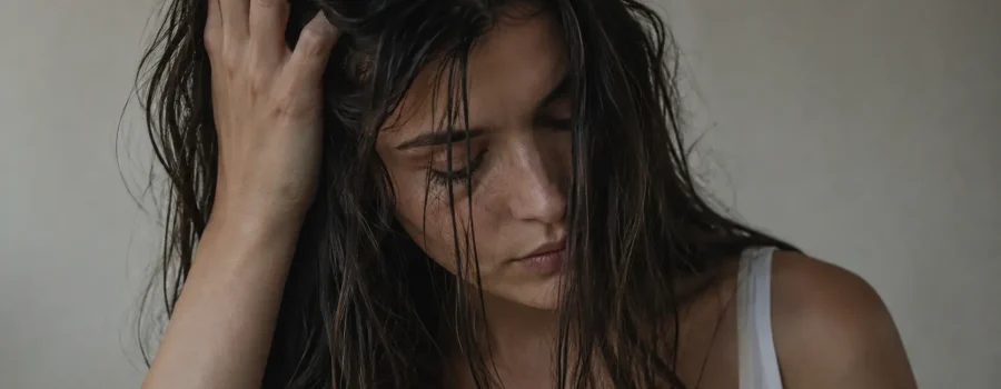 Donna con capelli grassi e cute lucida, immagine dedicata allo stress e all'eccesso di sebo. Guida alla scelta del miglior shampoo per capelli grassi, shampoo professionale per cute grassa, shampoo sebo regolatore, shampoo purificante e trattamento per capelli che si sporcano velocemente.