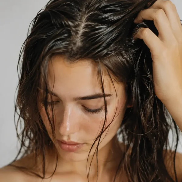 Migliori prodotti per capelli pesanti dopo lo shampoo: donna con capelli dall’aspetto unto e appesantito alla radice, esempio di eccesso di sebo e mancanza di volume dopo il lavaggio.