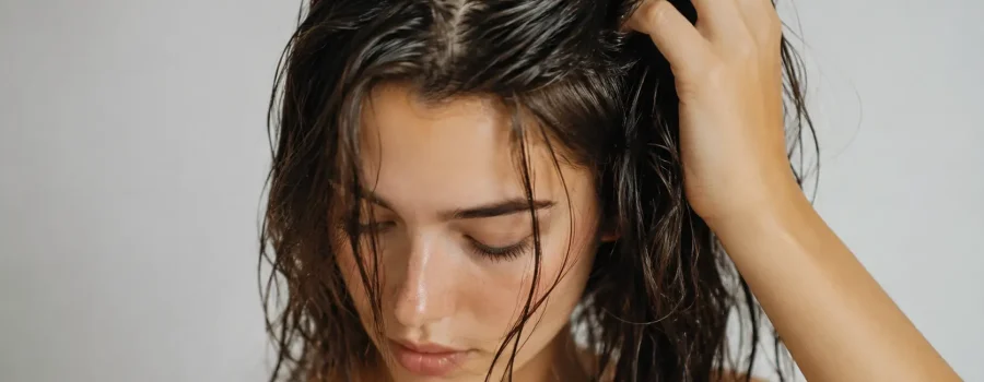 Migliori prodotti per capelli pesanti dopo lo shampoo: donna con capelli dall’aspetto unto e appesantito alla radice, esempio di eccesso di sebo e mancanza di volume dopo il lavaggio.