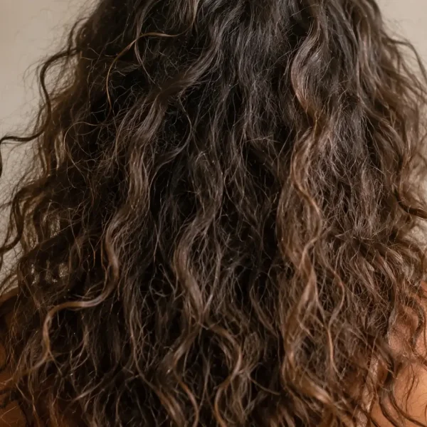 Capelli ricci secchi e crespi visti da dietro, con texture disidratata e punte opache. Donna con lunghi capelli ricci naturali che mostrano mancanza di definizione e idratazione, illuminazione morbida su sfondo neutro in stile beauty editoriale professionale.