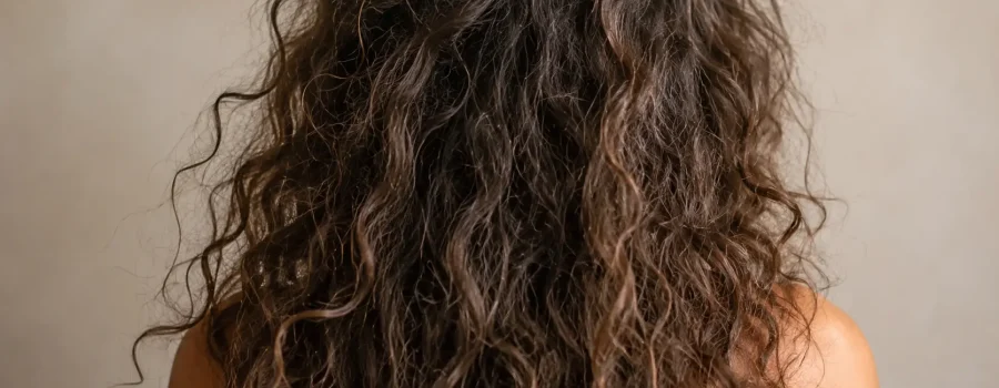 Capelli ricci secchi e crespi visti da dietro, con texture disidratata e punte opache. Donna con lunghi capelli ricci naturali che mostrano mancanza di definizione e idratazione, illuminazione morbida su sfondo neutro in stile beauty editoriale professionale.