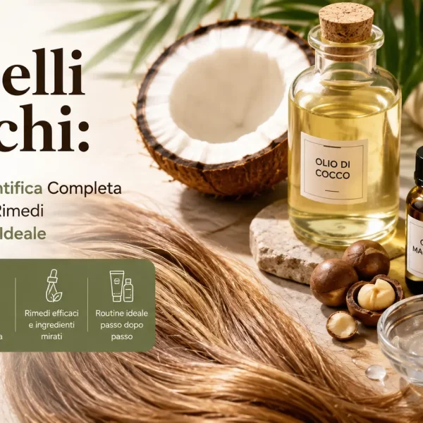Migliori ingredienti per capelli secchi: olio di cocco, olio di macadamia e glicerina vegetale accanto a una ciocca di capelli sani, immagine illustrativa per una guida sulla routine nutriente e idratante.