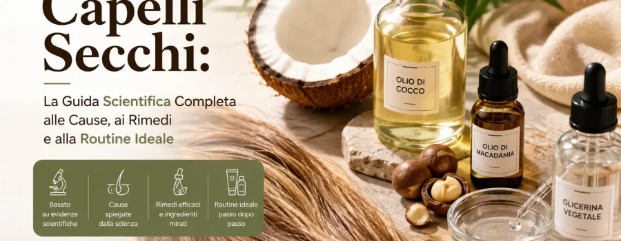 Migliori ingredienti per capelli secchi: olio di cocco, olio di macadamia e glicerina vegetale accanto a una ciocca di capelli sani, immagine illustrativa per una guida sulla routine nutriente e idratante.