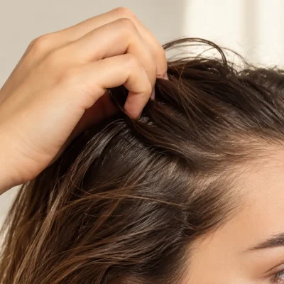 Donna con capelli fini e senza volume che solleva le radici con le dita per mostrare la cute, esempio di capelli piatti e consigli per ottenere maggiore volume e corpo con una corretta routine di detersione e styling.
