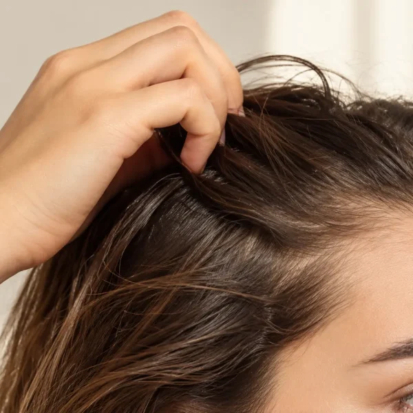 Donna con capelli fini e senza volume che solleva le radici con le dita per mostrare la cute, esempio di capelli piatti e consigli per ottenere maggiore volume e corpo con una corretta routine di detersione e styling.