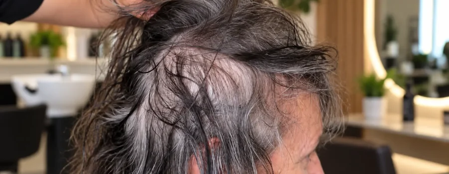 Donna con capelli sottili o diradati, poco volume e chioma poco folta, caratteristiche dei capelli fini e deboli che necessitano di trattamenti cosmetici volumizzanti e rinforzanti.