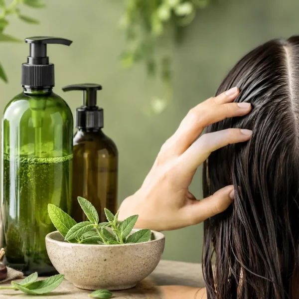 Capelli sporchi appena lavati soluzioni. Cute grassa e capelli dall’aspetto oleoso con mani che massaggiano il cuoio capelluto, circondate da ingredienti naturali e prodotti per la cura dei capelli.