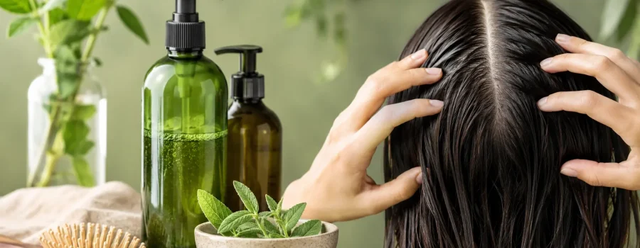 Capelli sporchi appena lavati soluzioni. Cute grassa e capelli dall’aspetto oleoso con mani che massaggiano il cuoio capelluto, circondate da ingredienti naturali e prodotti per la cura dei capelli.