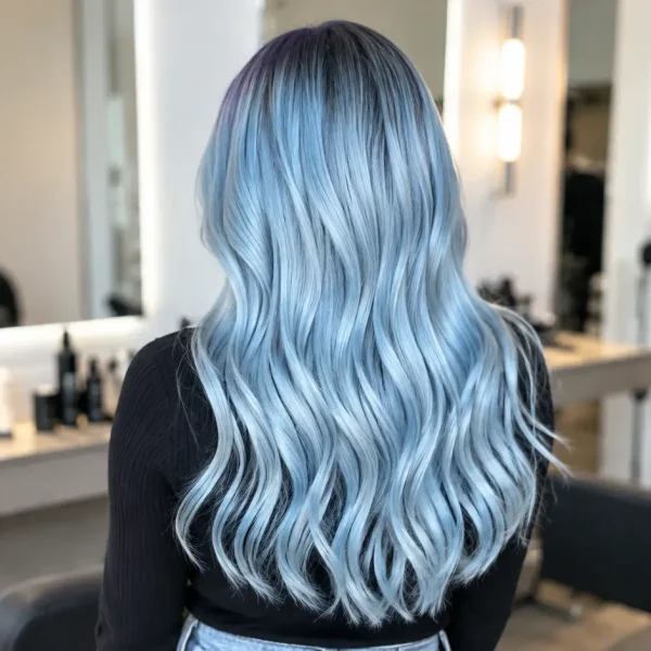Ragazza vista da dietro con capelli blu decolorati, lunghi, morbidi e luminosi appena usciti dal parrucchiere, esempio di capelli colorati e trattati con routine nutriente per capelli decolorati, cura delle lunghezze, protezione della fibra capillare e mantenimento di morbidezza e brillantezza dopo trattamenti chimici.