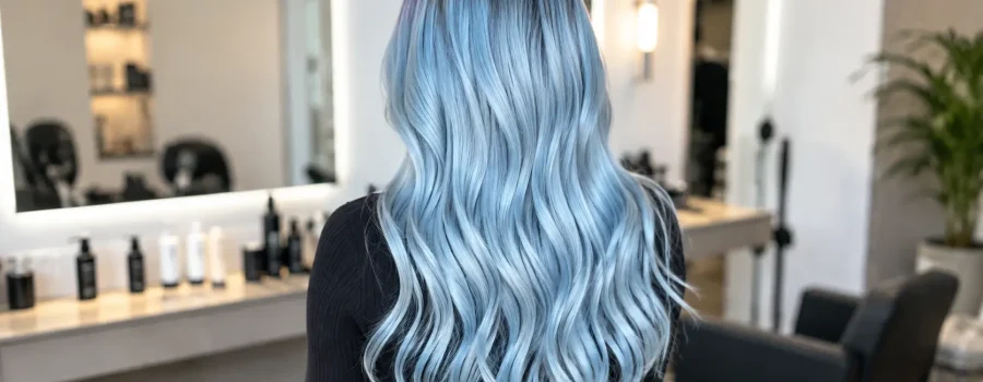 Ragazza vista da dietro con capelli blu decolorati, lunghi, morbidi e luminosi appena usciti dal parrucchiere, esempio di capelli colorati e trattati con routine nutriente per capelli decolorati, cura delle lunghezze, protezione della fibra capillare e mantenimento di morbidezza e brillantezza dopo trattamenti chimici.