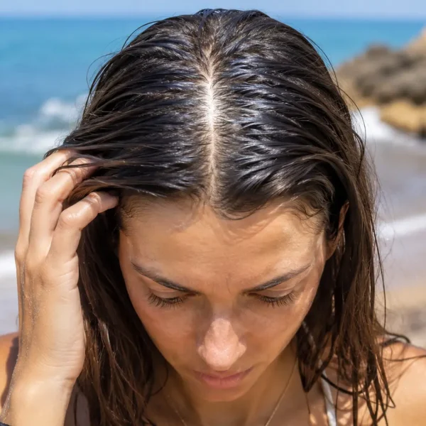 Donna al mare con capelli unti e cute oleosa durante l’estate, con radici lucide e appesantite dal sebo, sulla spiaggia davanti al mare.