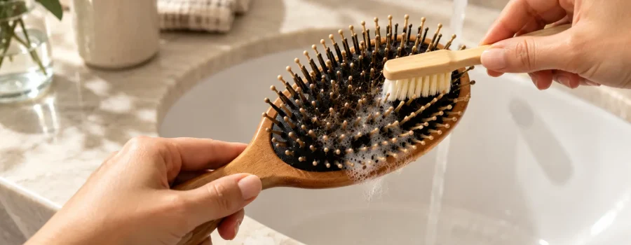 Pulire le spazzole per capelli: guida alla pulizia della spazzola ovale, rimozione di capelli, sebo e residui di prodotti cosmetici per mantenere spazzole e accessori per capelli puliti e igienizzati.