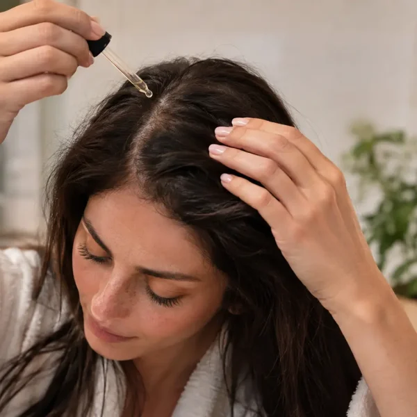 Donna che applica una lozione per capelli direttamente sul cuoio capelluto con un contagocce, dividendo i capelli in sezioni; guida su come applicare una lozione per capelli, trattamento della cute, applicazione della lozione sul cuoio capelluto, routine haircare e cura dei capelli.