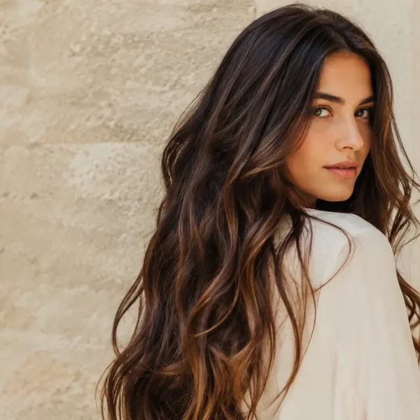 Alt text: Donna con capelli lunghi, sani e luminosi, perfettamente curati e dall’aspetto forte e resistente, ideale per un articolo su come velocizzare la crescita dei capelli e prevenire la rottura delle lunghezze.