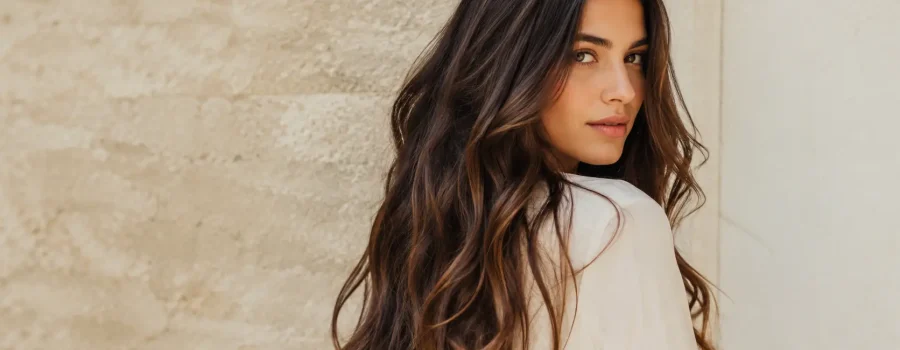 Alt text: Donna con capelli lunghi, sani e luminosi, perfettamente curati e dall’aspetto forte e resistente, ideale per un articolo su come velocizzare la crescita dei capelli e prevenire la rottura delle lunghezze.