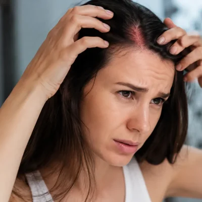 Cute arrossata e che brucia: cuoio capelluto sensibile, irritato e sotto stress, donna con capelli castani che controlla il rossore e il fastidio del cuoio capelluto, prurito, bruciore, sensibilità cutanea, irritazione della cute, hair care, cura del cuoio capelluto, benessere dei capelli, routine capelli e trattamento della cute.