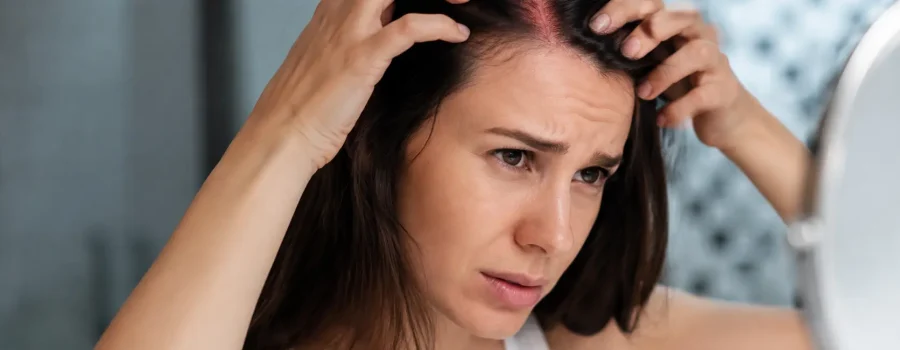 Cute arrossata e che brucia: cuoio capelluto sensibile, irritato e sotto stress, donna con capelli castani che controlla il rossore e il fastidio del cuoio capelluto, prurito, bruciore, sensibilità cutanea, irritazione della cute, hair care, cura del cuoio capelluto, benessere dei capelli, routine capelli e trattamento della cute.