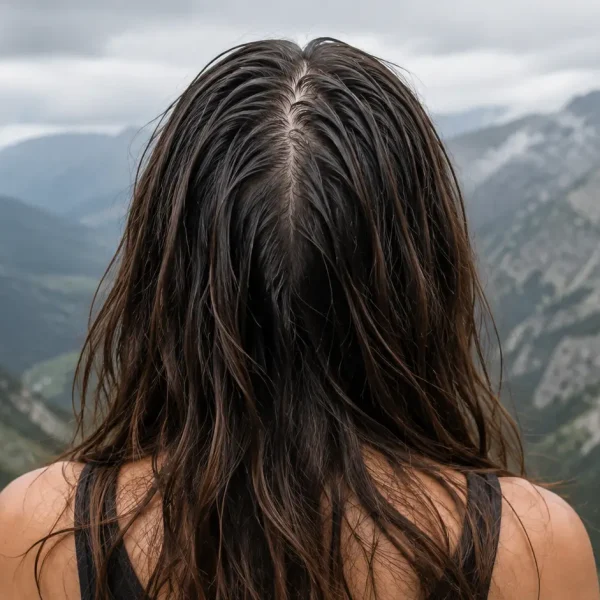 Donna vista da dietro con capelli appesantiti e cute grassa in un paesaggio di montagna, immagine che rappresenta gli ingredienti cosmetici più efficaci da cercare in uno shampoo per la cute grassa.