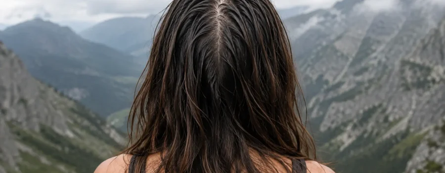 Donna vista da dietro con capelli appesantiti e cute grassa in un paesaggio di montagna, immagine che rappresenta gli ingredienti cosmetici più efficaci da cercare in uno shampoo per la cute grassa.