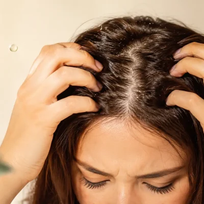 Donna che si gratta il cuoio capelluto per cute irritata e prurito, con focus sulla radice dei capelli e segni di irritazione della pelle.