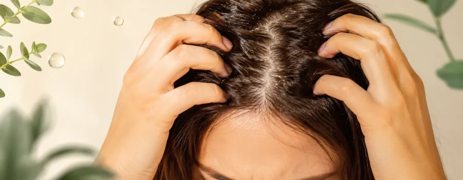 Donna che si gratta il cuoio capelluto per cute irritata e prurito, con focus sulla radice dei capelli e segni di irritazione della pelle.