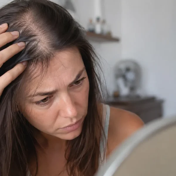 Donna preoccupata osserva il diradamento dei capelli davanti allo specchio, evidenziando una perdita di densità nella zona centrale del cuoio capelluto.