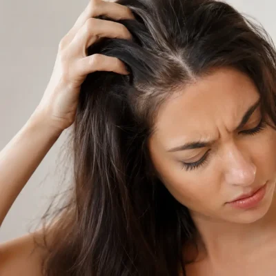 Donna con capelli castani che avverte dolore alle radici dei capelli, sensibilità e fastidio al cuoio capelluto, possibile tricodinia, capelli doloranti alla radice, cuoio capelluto sensibile, irritazione e tensione del cuoio capelluto, dolore dopo acconciature strette, cura del cuoio capelluto, salute dei capelli, hair care, scalp care, benessere dei capelli, routine per capelli e cute sensibile, blog cosmetico capelli.