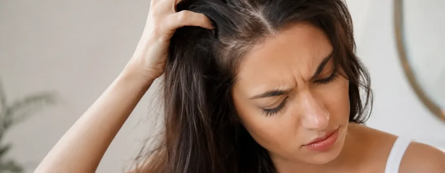 Donna con capelli castani che avverte dolore alle radici dei capelli, sensibilità e fastidio al cuoio capelluto, possibile tricodinia, capelli doloranti alla radice, cuoio capelluto sensibile, irritazione e tensione del cuoio capelluto, dolore dopo acconciature strette, cura del cuoio capelluto, salute dei capelli, hair care, scalp care, benessere dei capelli, routine per capelli e cute sensibile, blog cosmetico capelli.