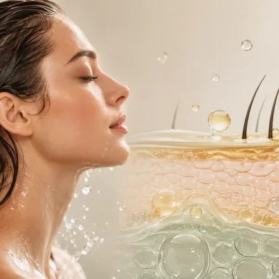Donna con capelli bagnati accanto a un'illustrazione del film idrolipidico che protegge la barriera del cuoio capelluto, mostrando il ruolo di acqua, lipidi e sebo nel mantenimento dell'equilibrio cutaneo e della salute dei capelli.