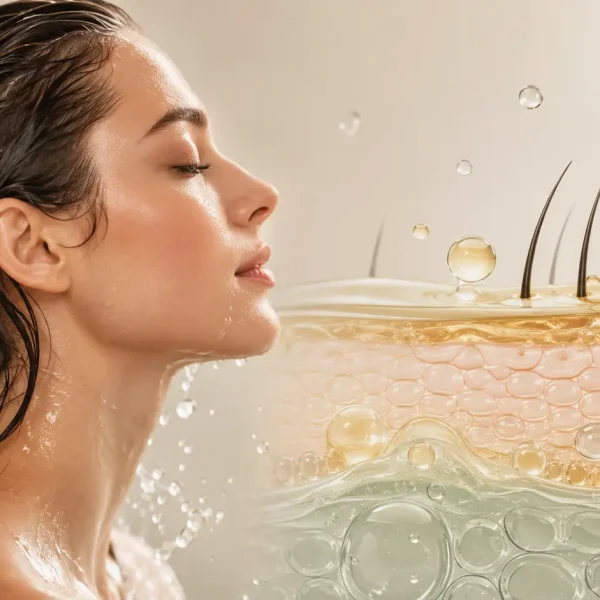 Donna con capelli bagnati accanto a un'illustrazione del film idrolipidico che protegge la barriera del cuoio capelluto, mostrando il ruolo di acqua, lipidi e sebo nel mantenimento dell'equilibrio cutaneo e della salute dei capelli.