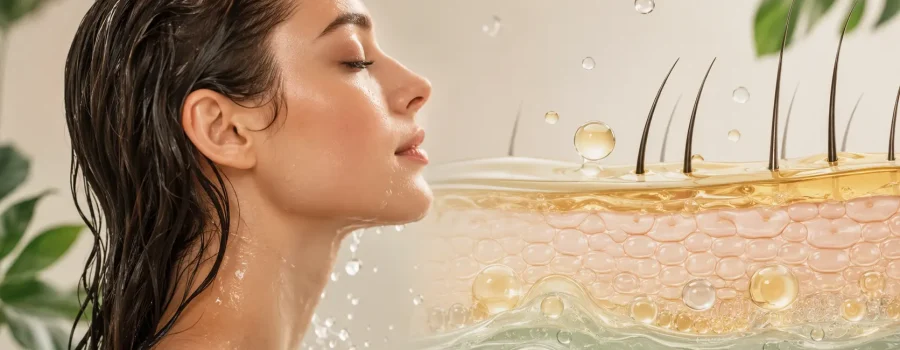 Donna con capelli bagnati accanto a un'illustrazione del film idrolipidico che protegge la barriera del cuoio capelluto, mostrando il ruolo di acqua, lipidi e sebo nel mantenimento dell'equilibrio cutaneo e della salute dei capelli.
