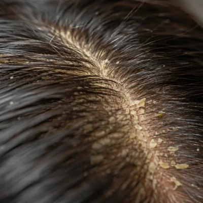 Forfora cutanea e biofilm del cuoio capelluto: relazione tra Malassezia, scalp microbiome, microbiota del cuoio capelluto, cute grassa, sebo, equilibrio della barriera cutanea, microrganismi e salute della cute, con desquamazione e forfora visibile tra i capelli.