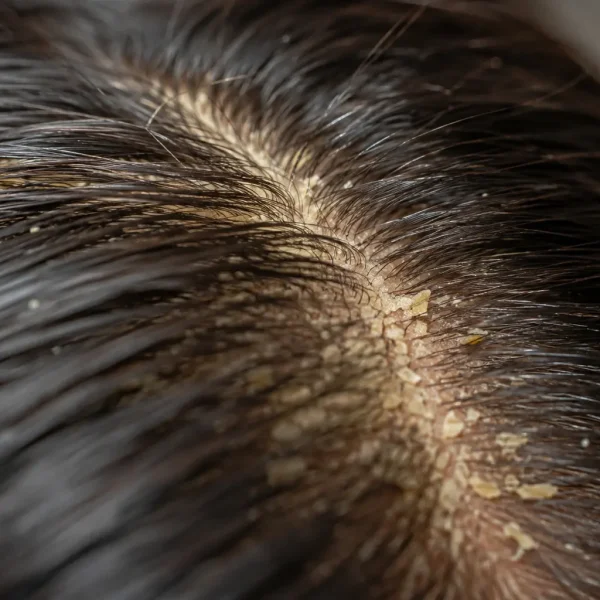 Forfora cutanea e biofilm del cuoio capelluto: relazione tra Malassezia, scalp microbiome, microbiota del cuoio capelluto, cute grassa, sebo, equilibrio della barriera cutanea, microrganismi e salute della cute, con desquamazione e forfora visibile tra i capelli.