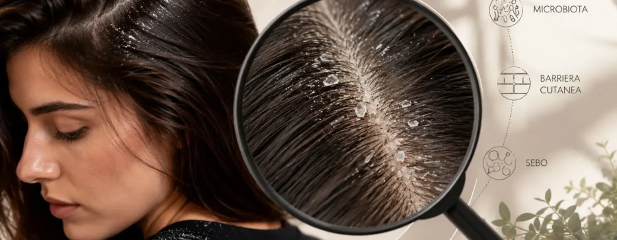 Come eliminare la forfora, squilibrio del microbiota, causata dalla Malassezia con Purify Oil e Purì Shampoo: trattamento antiforfora per cuoio capelluto con prurito, desquamazione e cute grassa.